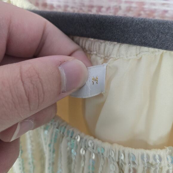 Carolina K Dress M Cream Sequin Sheer Sleeve Ruffle Tier Fairy Feminine Showgirl - Picture 6 of 15